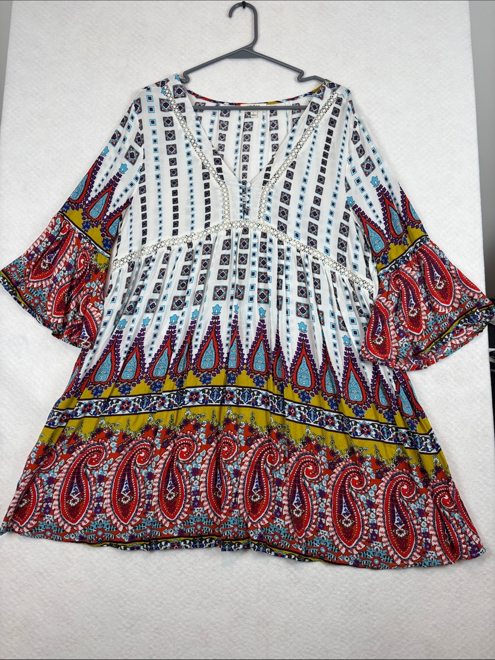 Umgee Boho Paisley Print Babydoll Tunic Top Bell Sleeve Peasant Dress Sz L